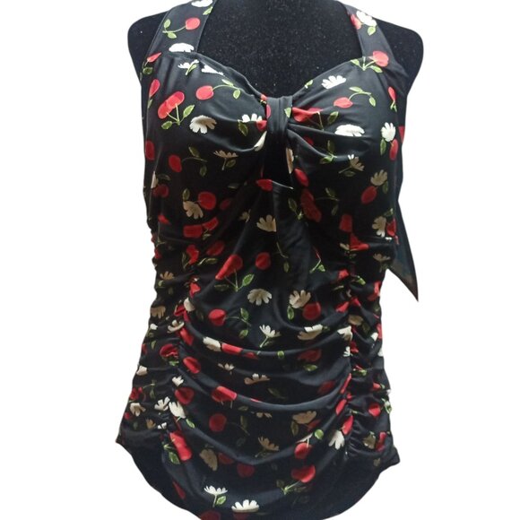 Torrid's Retro Inspired Sexy Sz 3 Black Cherry Rushed Halter One Piece Swimsuit - Picture 6 of 13